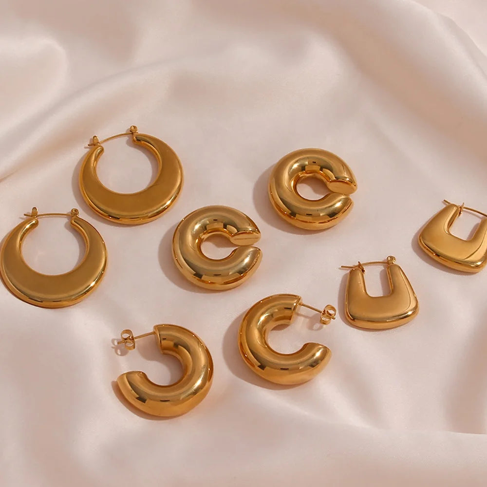 Drop Shipping Stainless Steel 18K Gold Plated Round Geometric Big Hoop Earring Trendy Cuff Clip on Earrings Jewelry