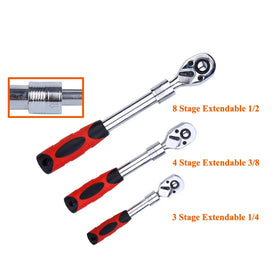 YUHANG OEM 72-Tooth Quick-Release Reversible Carbon Steel Industrial Grade 3-Piece Extendable Ratchet Set 1/2 3/8 1/4-Inch Drive