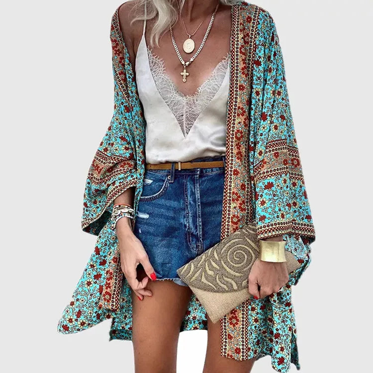 Women Cardigan Summer Open Front Bohemian Floral Printed Blouse Kimono Casual Loose Beach Tops Vintage Long Sleeve Blusas