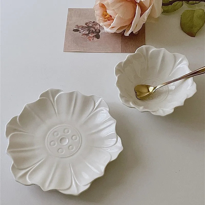 Solhui Vintage White Flower Pattern Ceramic Dessert Bowl and Plate Household Breakfast Bowl Dessert Plates