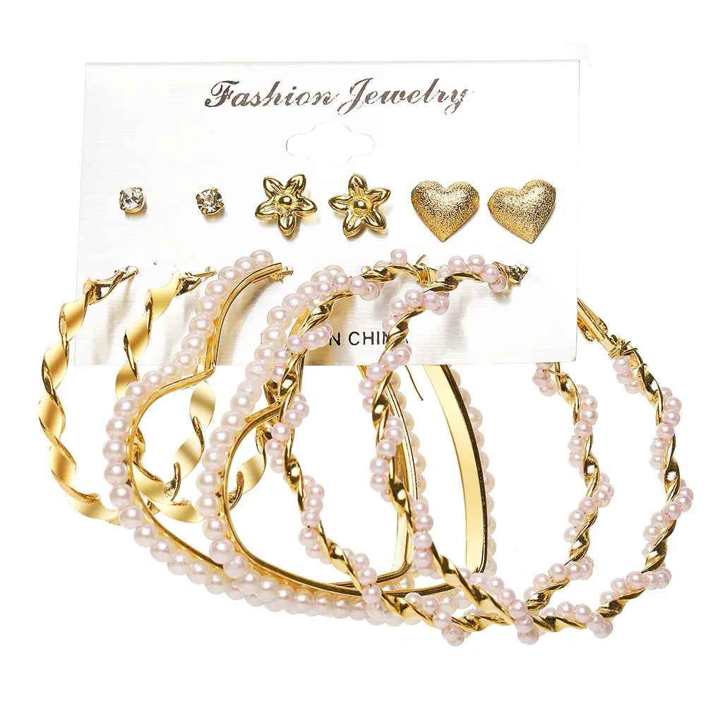 Pearl Earring Set Fashion Gold Metal Earing Butterfly Circle Geometric Vintage Earring for Women Jewelry