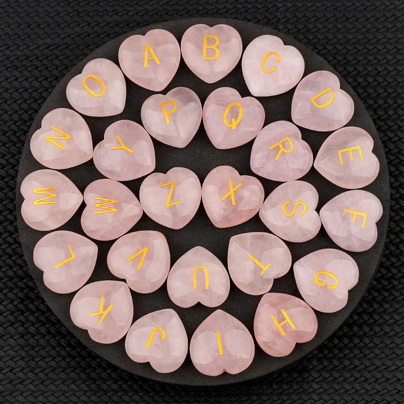 Natural Pink Crystal Heart 26 Letters Real Touch Carved Gemstone Love Small English Ornaments for Home Decorations