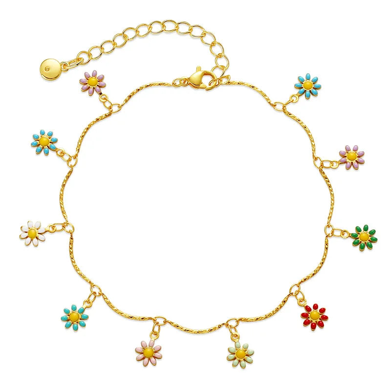 Fashion Trendy Korean Brass Alloy 18k Gold Enamel Daisy Flower Charm Dangles Anklet Tassels Foot Ankle Bracelet Jewelry
