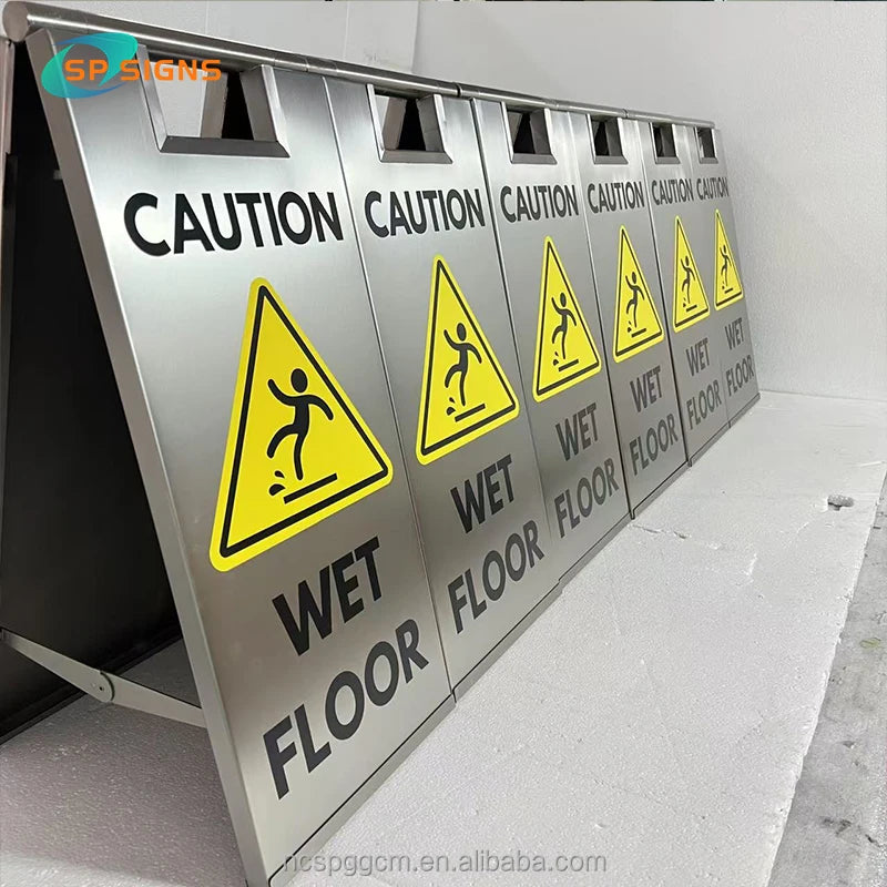 SPSIGN Custom Building Wet Floor Caution Sign Free Standing Double Sided Stainless Steel Frame Metal Pavement Sign A- Frameboard