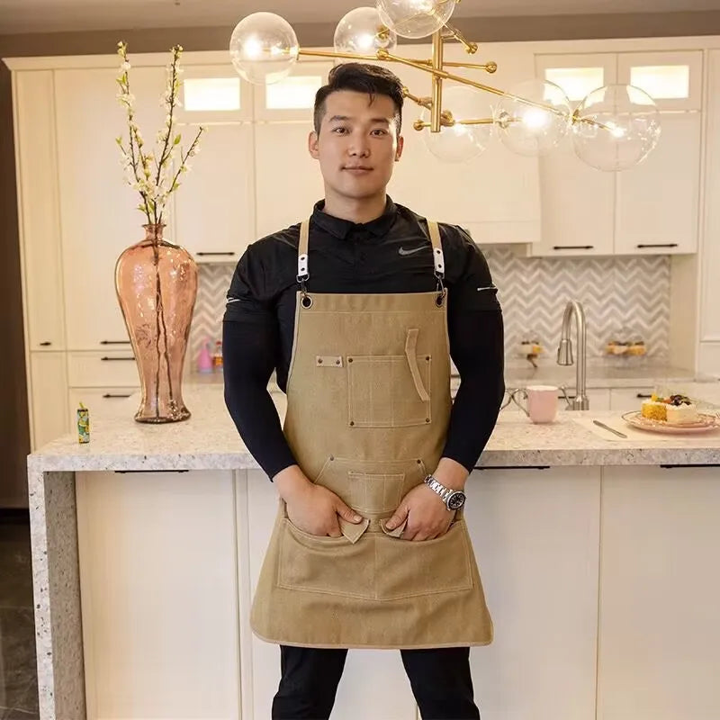 New Fashion Canvas Kitchen Aprons for Woman Men Chef Work Apron for Grill Restaurant Bar Shop Cafes Beauty Nails Studios Uniform
