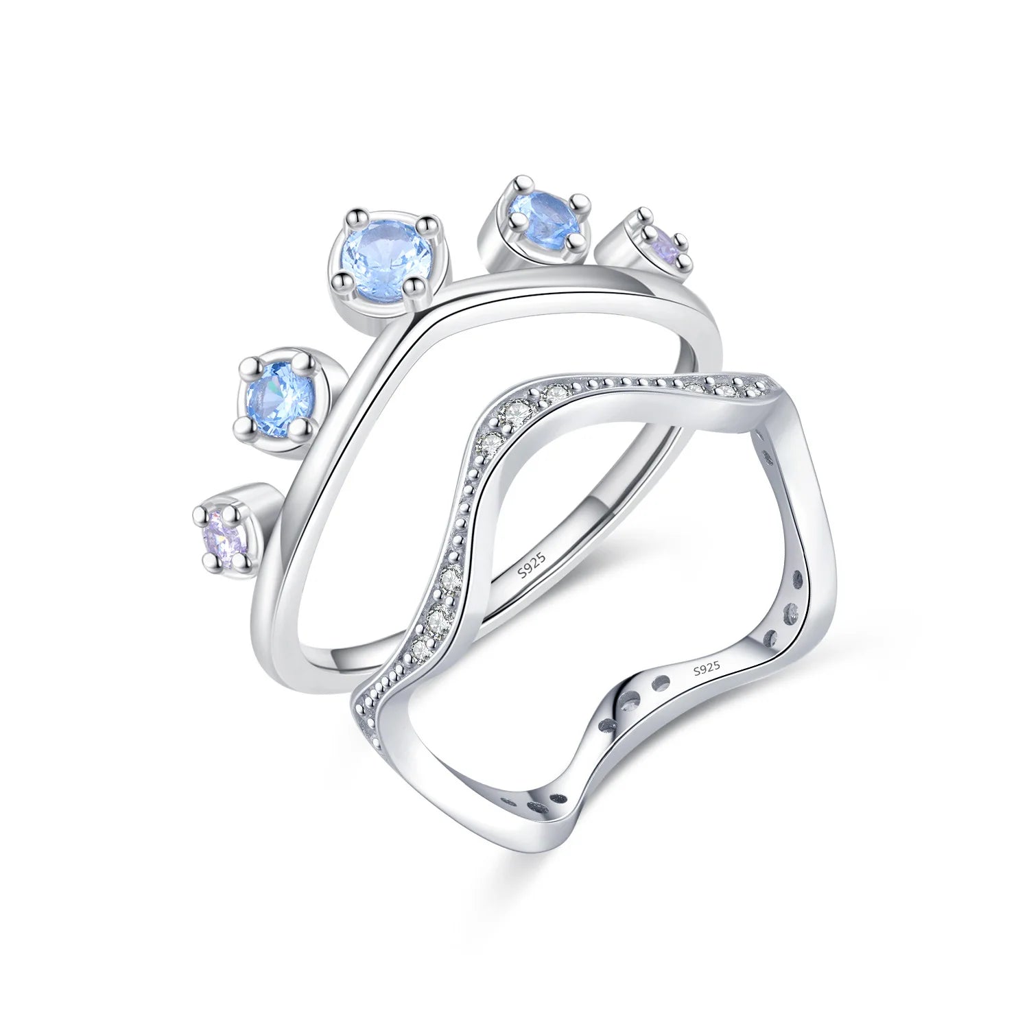 Daidan Elegant Sterling Silver 925 Wave Blue Stone Zirconia Stackable Crown Rings