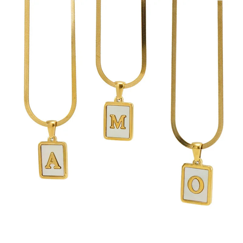 Luxury Stainless Jewelry Style Blade Chain Square White Shell Initial Letter Chain Necklace