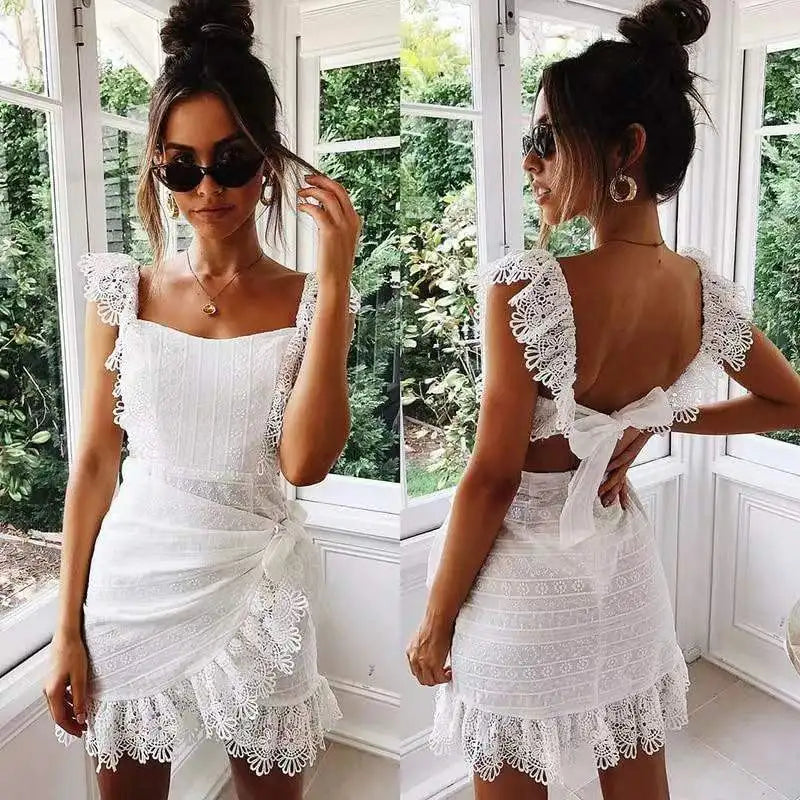 Factory Direct Sell Summer Sleeveless Backless Wrap Dresses Women Embroidery Elegant Cotton White Lace Dress