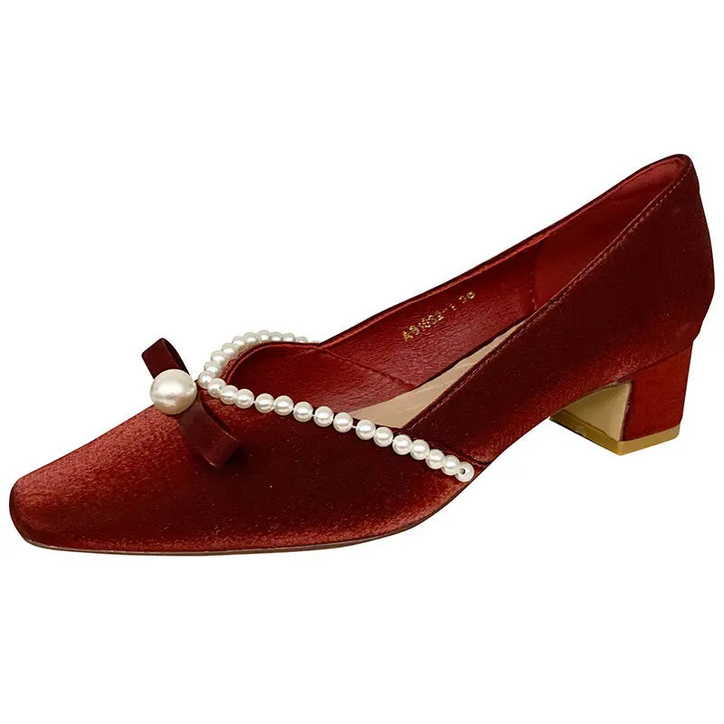 Pearl Small square Toe Shallow Mouth Single Shoes Women's Medium Heel Thick Heel High Heels All-match New Style