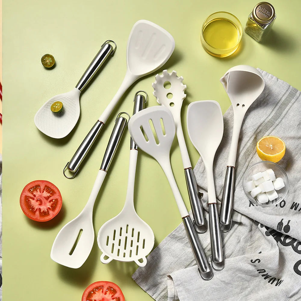 8-Piece Stainless Steel Handle Silicone Kitchenware Set Non-Stick Pan and Shovel Spoon Household Cooking Tool Suite