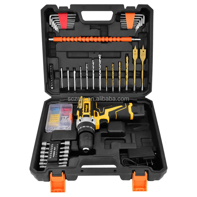 21V Impact Lithium Battery Hammer Drill 105pcs Household Tool Set Home Combination Hand Tool Box Set Charging Hard Case Packaged