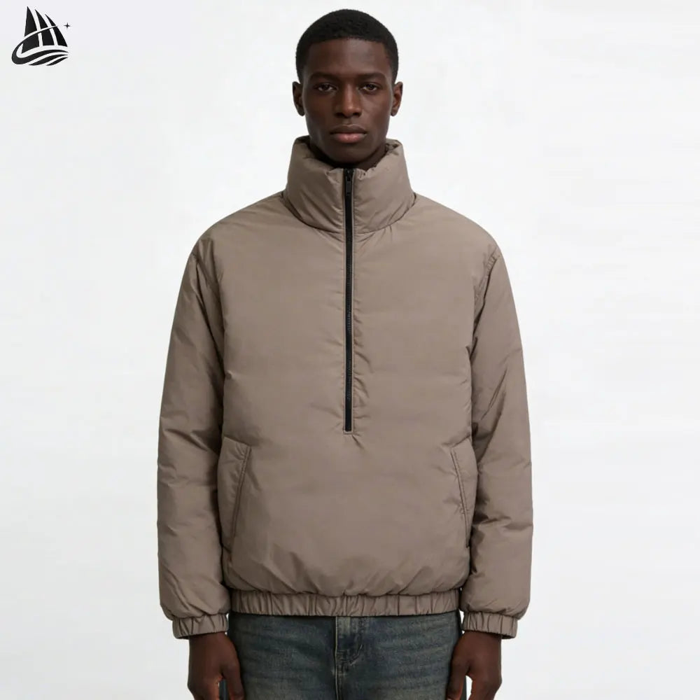 Custom Men's Smock Funnel Neck Half Zip Pullover Down Puffer Padded Jacket Stand Collar Winter