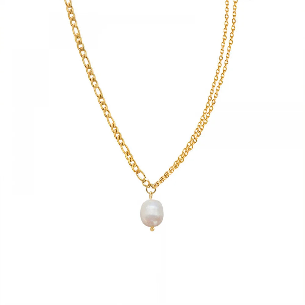 Minimalist Fashion Women Jewelry Stainless Steel Double Layer Gold Plated 18K Real Fresh Water Pearl Necklace
