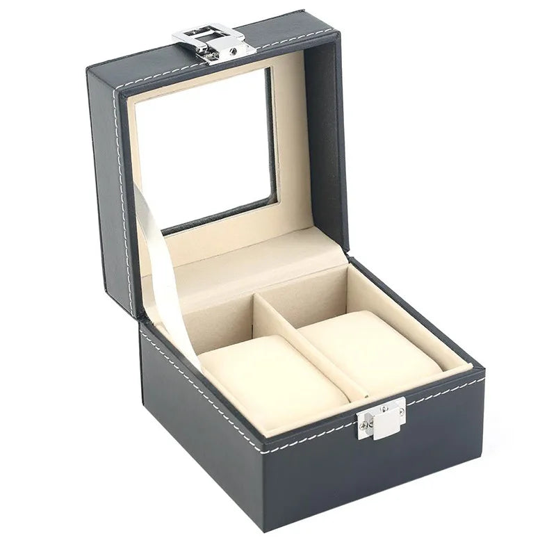 Hot Sale High-End 2-Slot Black PU Leather Travel Watch Display Box with Glass Top for Watch Gift Packaging