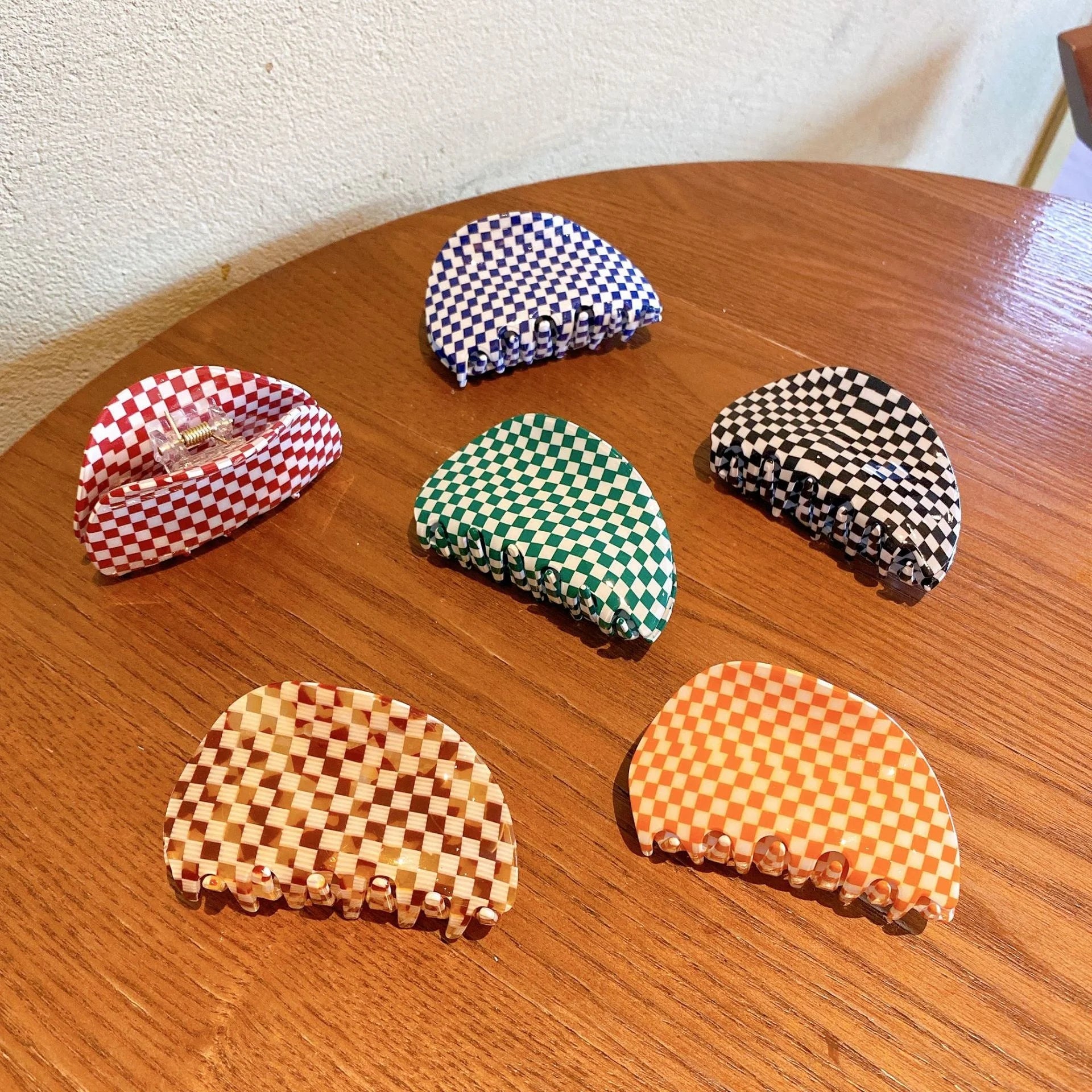 Vintage Checker Hair Accessories Shell Acrylic Acetate Colorful Yellow Striped Hair Claws Black and White Checkered Claw Clips