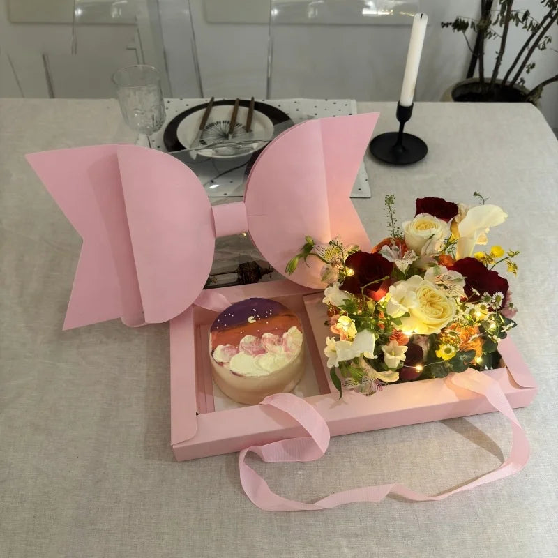 XJH Wholesale Customizable Bow Gift Box Flower Cake Fruit Packaging Box PVC Transparent Lid Portable Luxury Flower Boxes