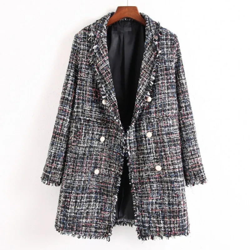 10%OFF  S-2XL Autumn and Winter Mid-length Tweed Pearl Buckle Fringed Ladies Plaid Plus Size Women's Coat
