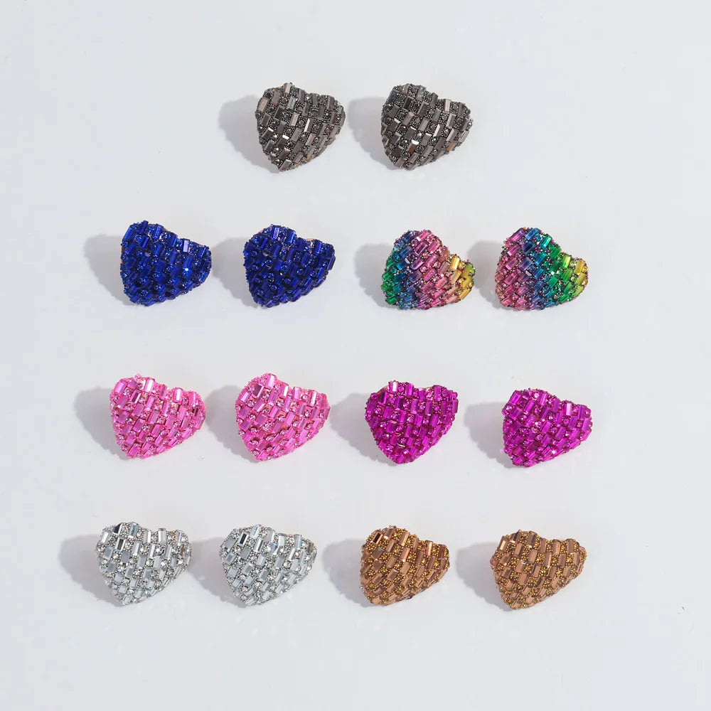 2024 Cute Mini Heart Color Diamond Fashion Fine Jewelry Resin Rhinestone Bling Party Jewelry Luxurious Statement Stud Earrings