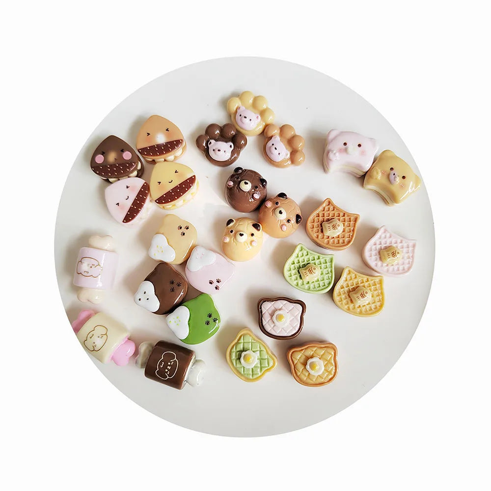 Bear Biscuit Resin Charms Animal Chocolate Bread Hamburg Eggs Cookies Mini Food Model Hairpin Jewelry Making