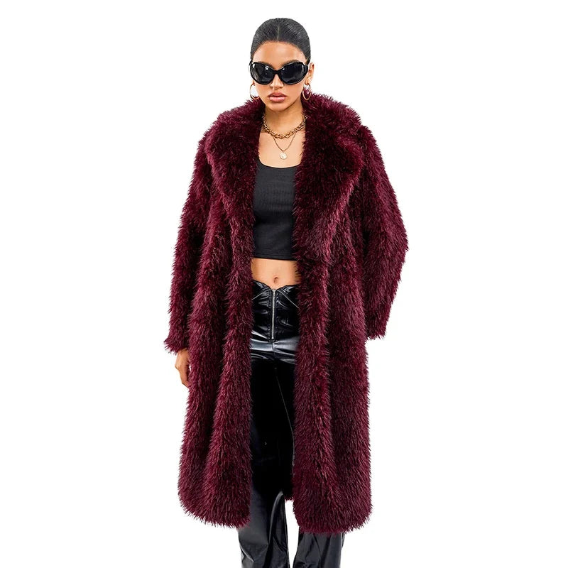 2025 New Winter Faux Fur Coat for Women Fashion Burgundy Coat Loose Fit Long Sleeve Oversized 2XL Outwear Women's Faux Fur Coats