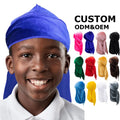 Custom Logo Kids Velvet Outdoor Sunscreen Extra Long Wide Tails Headwraps Durag 360 Waves Boys Girls
