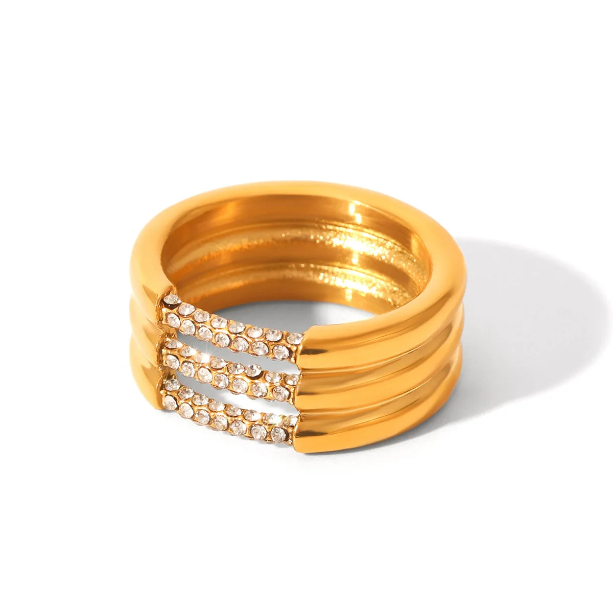 Stainless Steel Cubic Zirconia Ring High Quality Metal Texture Three Layered Rings Fashion Jewelry Women