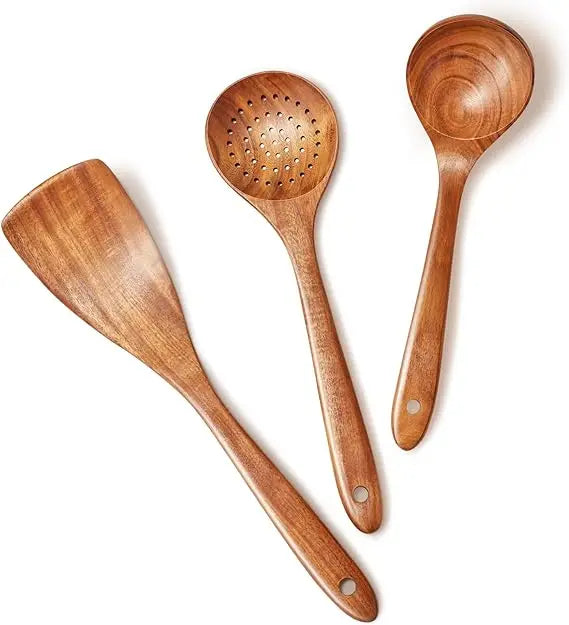 Great Set of 3 Eco-Friendly Teak Wood and Bamboo Kitchen Utensils Slotted Ladle and Turner for Cooking Use