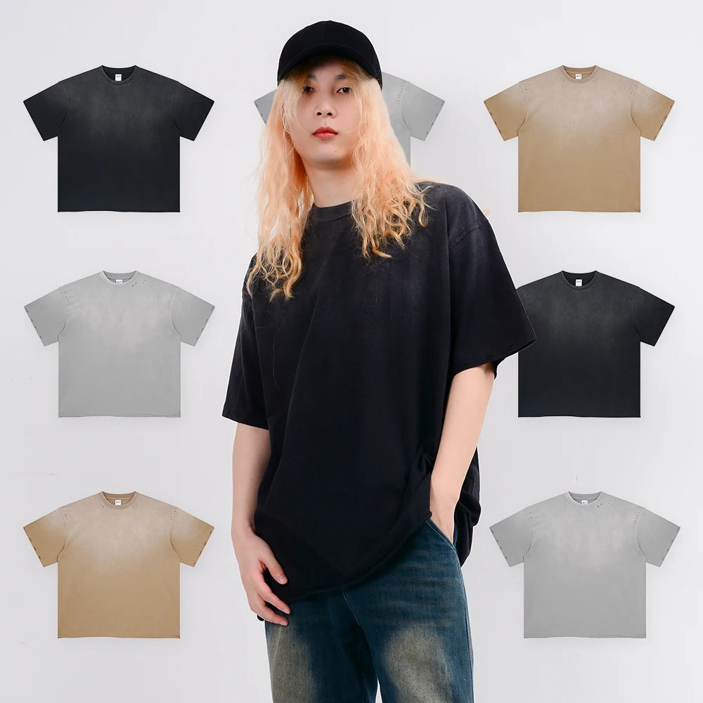 Wholesale Blank Distressed t Shirts Ripped Hole Plain Streetwear T-shirt Men Summer Clothing Jet Dyeing  Cut Damage T-shirt