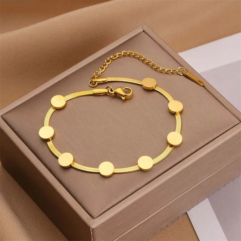 Waterproof Non Tarnish 18k IP Gold Plated Round Disc Bracelet Necklace Set 316L Stainless Steel Flat Snake Chain Bracelet