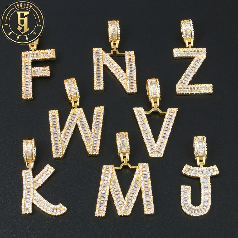 Wholesale Fashion Bling 18K Gold Plated Brass Baguette AAAAA Zircon 26 Letter Pendant Necklace Jewelry for Women Men