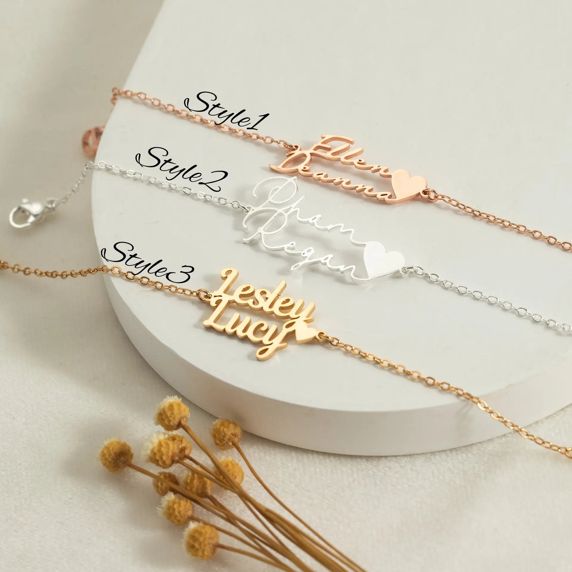 DAIHE Custom Two Name Plate Bracelet Personalized Women Nameplate Jewelry Gold Stainless Steel Initial Letter Heart Bracelets