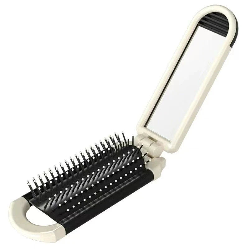 Foldable Luxury Portable Hair Brush Kit with Mini Removable Mirror Travel Comb and Air Cushion Mirror Plastic Handle