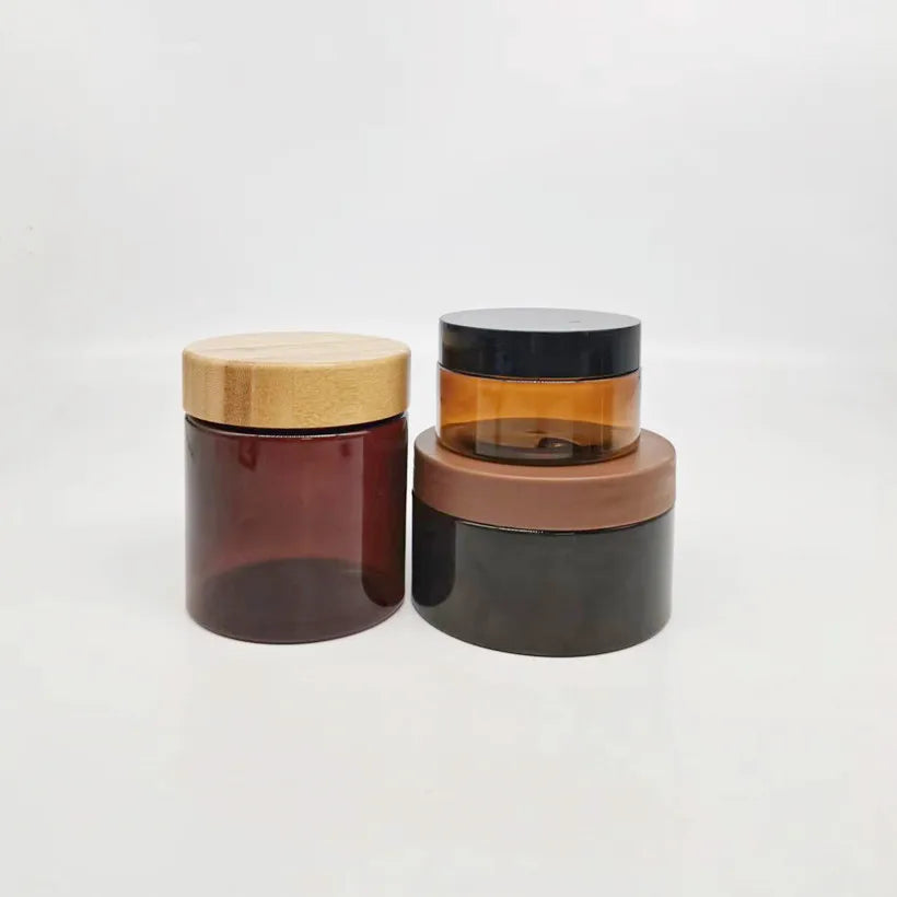 Customized 30g 50g Plastic Amber Brown Body Scrub Container Transparent Round Makeup Cream Bottle Lip Balm Sample Container Jar