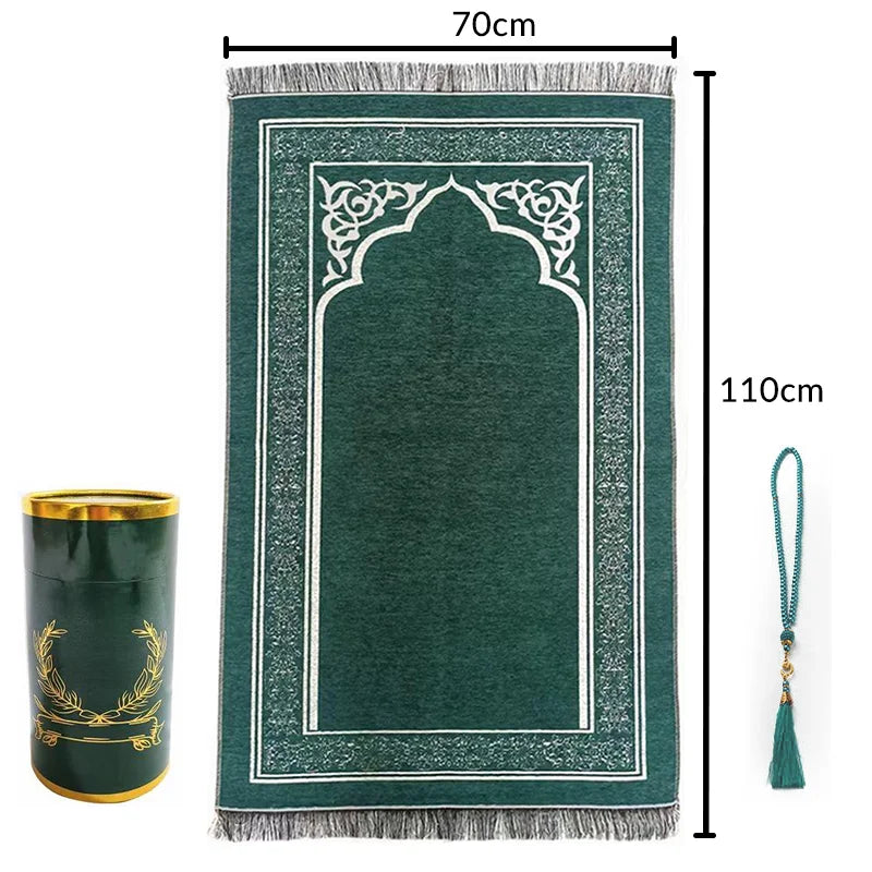 Mosque Islamic Sajadah Prayer Carpets New Woven Prayer Mat Gift Set and Tasbih  With Elegant Cylinder Gift Box