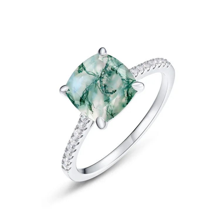 4 Claws Natural Gemstone Rings 925 Sterling Silver Moss Agate Wedding Rings