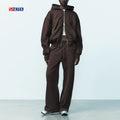 Wholesale Elegant Woman Sets Wide Leg  Tracksuit Custom Two Piece Wide Leg Sweatpants and Rhinestone Double Zip up Hoodie  Set