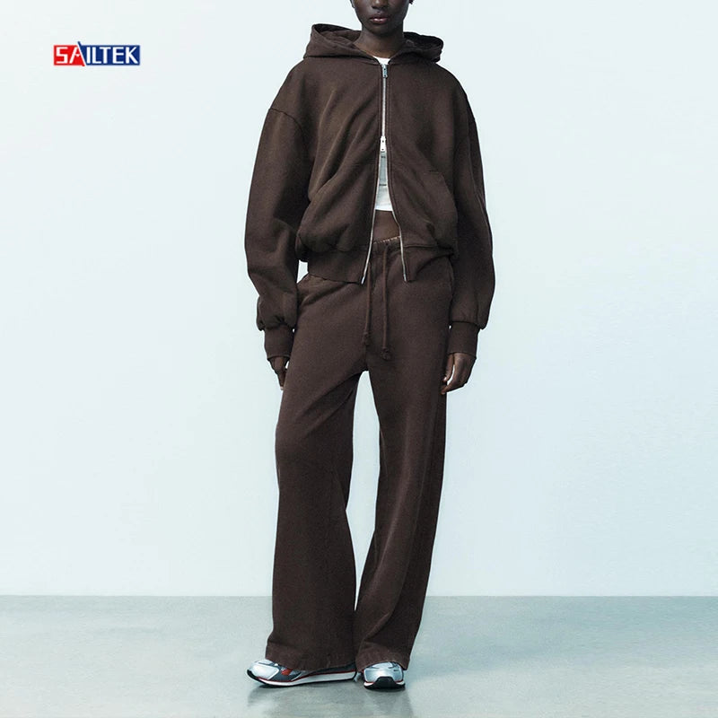 Wholesale Elegant Woman Sets Wide Leg  Tracksuit Custom Two Piece Wide Leg Sweatpants and Rhinestone Double Zip up Hoodie  Set