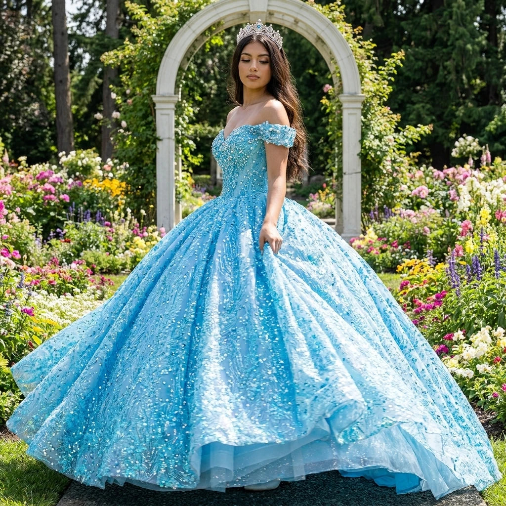 Sky Blue Sparkly Sweetheart Quinceanera Dresses Formal Luxury Party Beading Lace Sweet 15 Dress Graduation Ball Gwon 6555-2