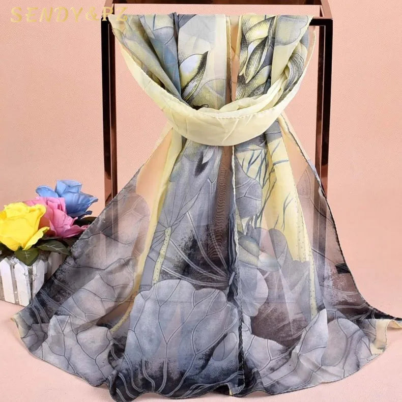Wholesale Fashion 150*50cm Lotus Printed Chiffon Scarf Women Lightweight Fashion Hijab Shawl Headscarf Scarves