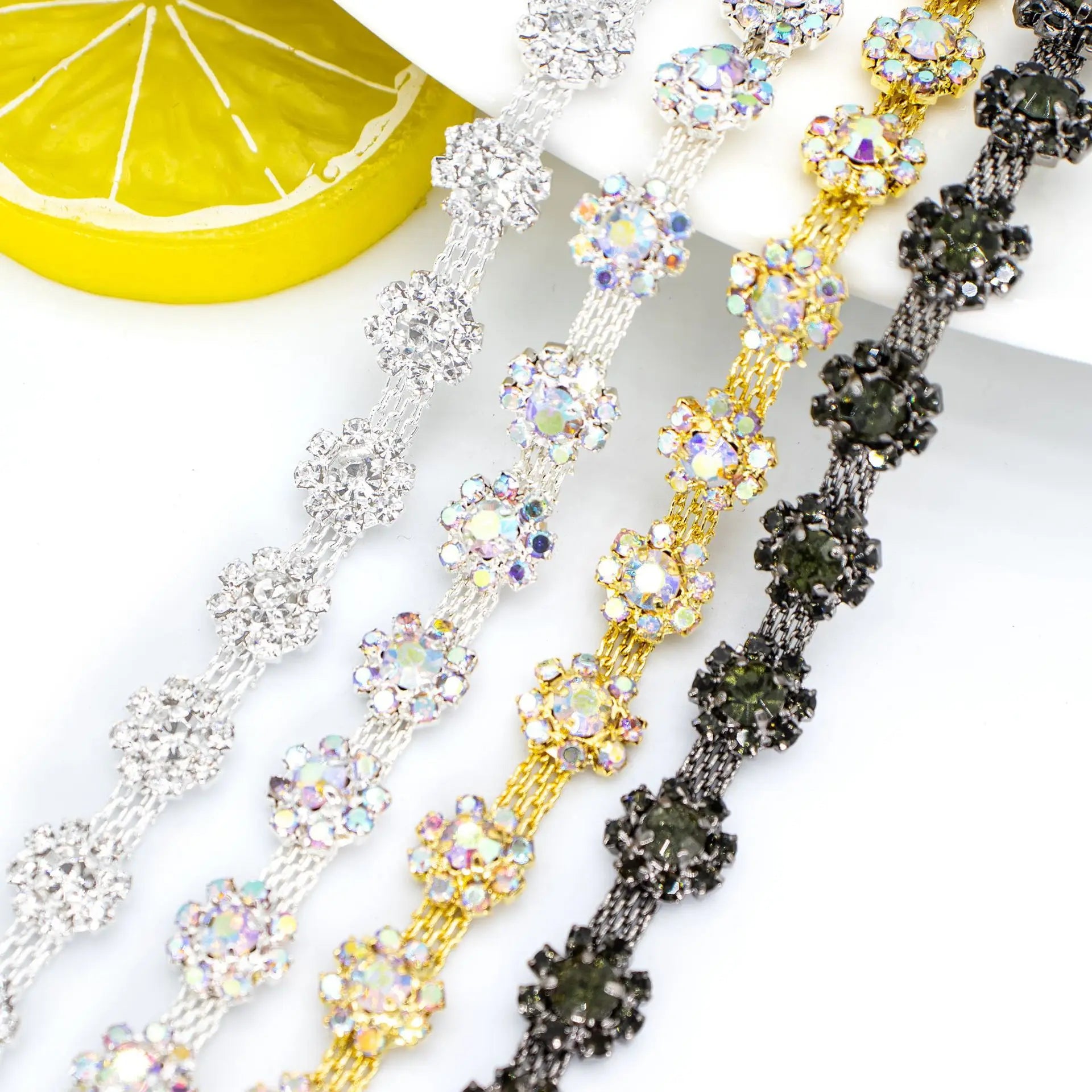 13mm Eco-Friendly Gold/Silver Crystal Flower Sew-On Trim Applique 3D Metal Cup Chain for Garments Shoes Made Glass Rhinestones