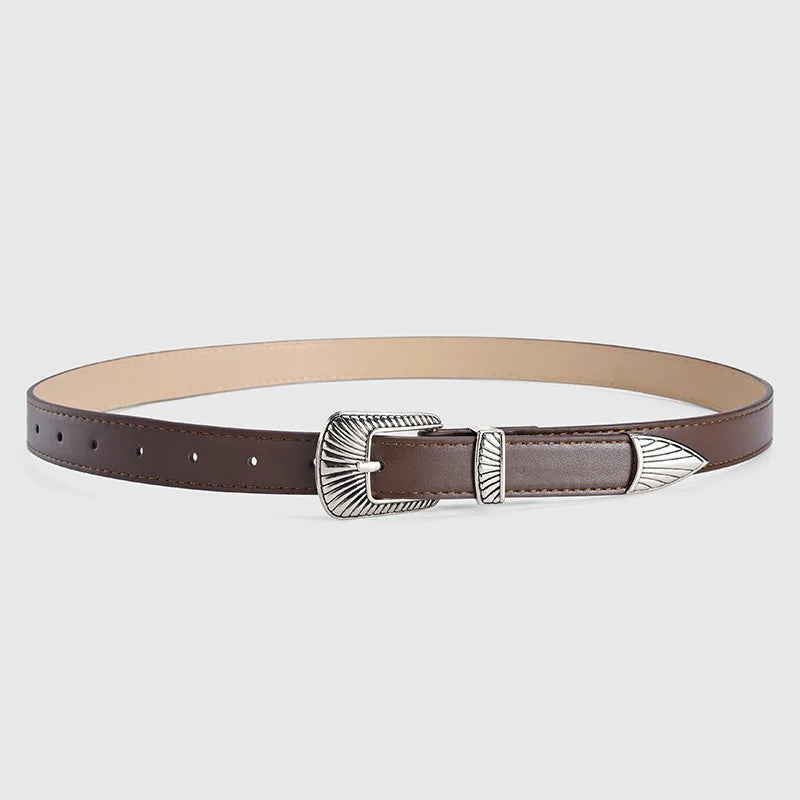 Vintage Style Women's Western Cow Hide Leather Waist Belt Alloy Pin Buckles 2.4cm Width 107cm Length Embossed OEM Logo Leisure