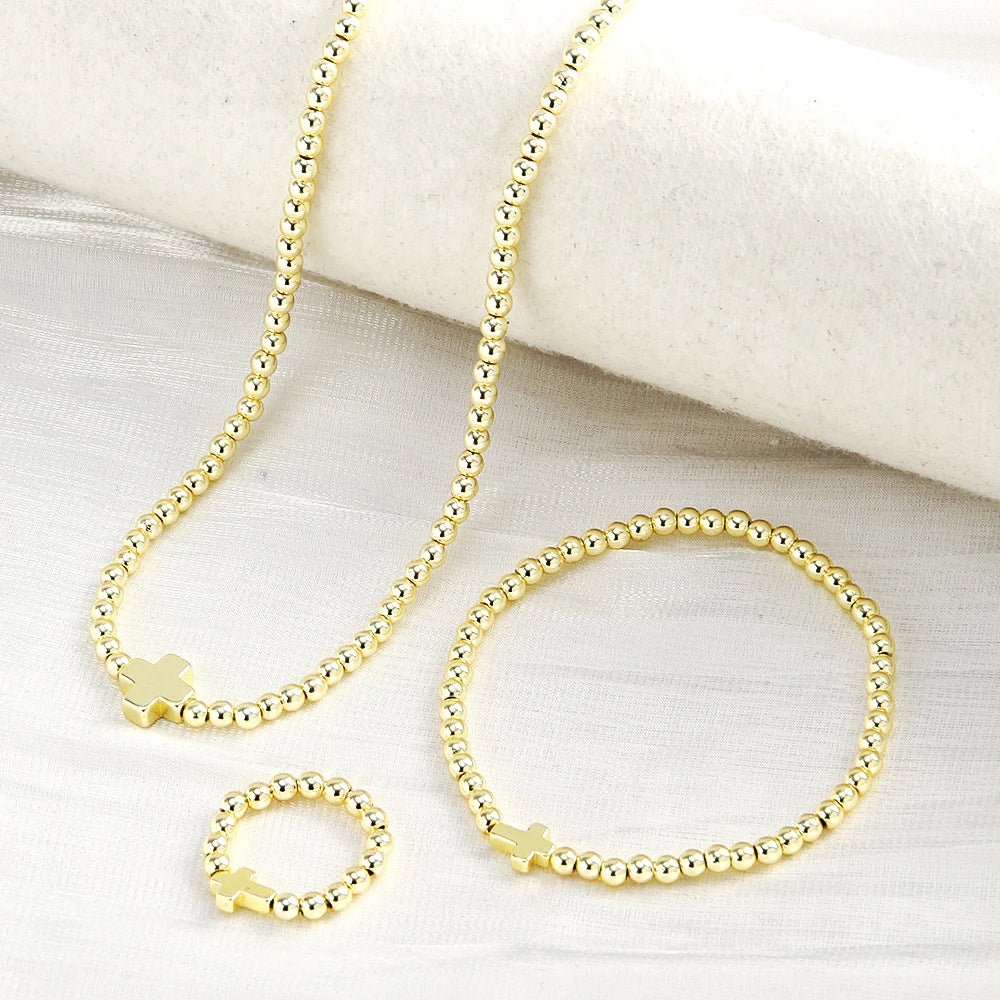 New Fashion Simple Women's Jewelry Set 4mm Golden Hematite Cross Charm Beaded Choker Necklace Earrings Ring Set