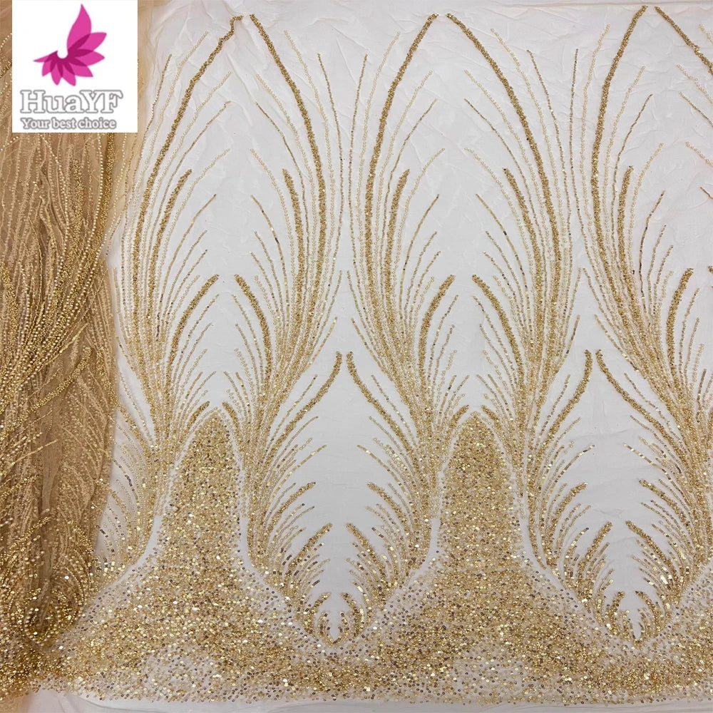 HY2038 Top 3d Embroidered France Gold Bride Lace Beaded Tulle Sequins Fabric With Luxury Bubble Beads for Elegant Wedding Dress