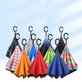 Custom Logo Printed Double Fabric Windproof Rain Umbrella C Shape Handle Wholesale UPSide Inverted Straight Umbrella Manual