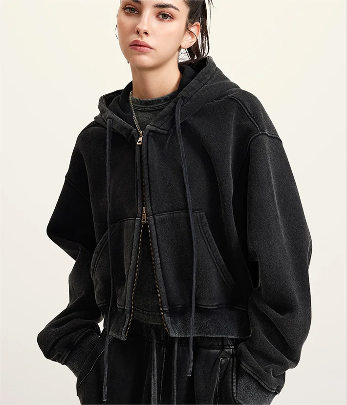 Women Washed Manufacturer Custom Ladies Drawstring Vintage Fleece Hoodie Acid Washed Cropped Hoodies