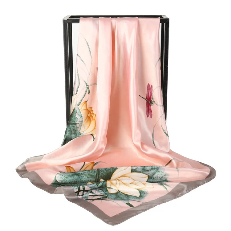 Factory Manufacture Custom Flowers Print Elegant Fashion 100% Polyester Silk Satin Women Hijab 90*90cm square Scarves