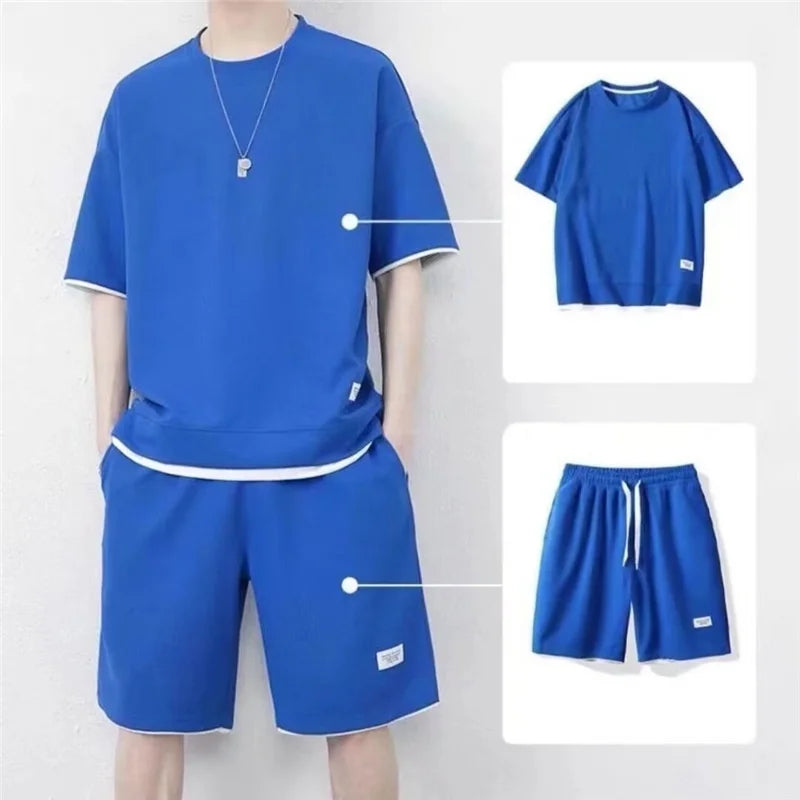 Summer Waffle Short Sleeve  Men'S Ice Silk Short Sleeve a Set of Men'S Matching Handsome Fashion Casual Sportswear