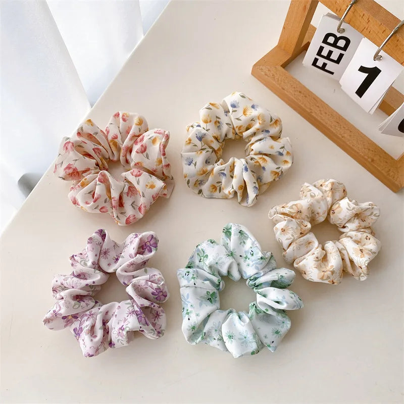 MIO Summer Fashion Flower Print Sweet Women Hair Scrunchies Elastic Hair Band Girls Scrunchie Headdress Ponytail Holder