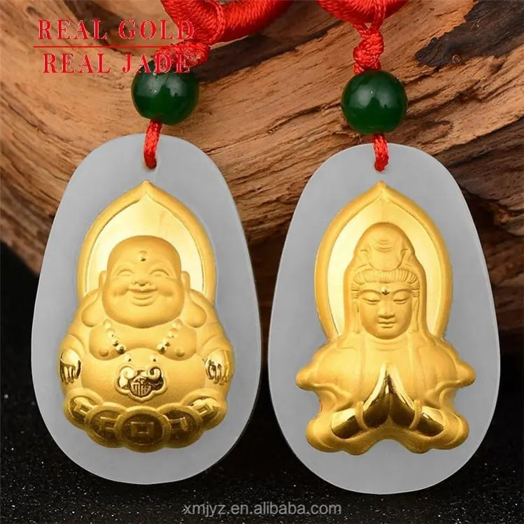Certified Gold Inlaid Jade 4D Hetian Pure Gold Worship Guanyin Money Buddha Pendant  Manufacturer Wholesale