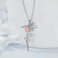 925 Sterling Silver Rhodium Plated&Rose Gold Plated Flower Butterfly Cross Pendant Necklace
